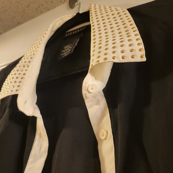 Metaphor black sheer button up w/ white details Gold embroidered collar size XL - Picture 4 of 10